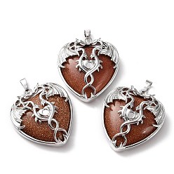 Goldstone Synthetic Goldstone Heart Pendant Rhinestone Settings, Rack Plating Platinum Plated Brass Wings Charms, Long-Lasting Plated, Fit for 3mm Rhinestone, 37x33x10~11.5mm, Hole: 8x5mm