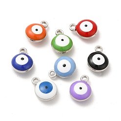 Platinum Alloy Enamel Charms, Mixed Color, Flat Round with Evil Eye Charm, Platinum, 13x10x6mm, Hole: 1.5mm