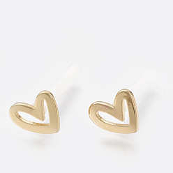 Real 18K Gold Plated Brass Stud Earrings, Real 18K Gold Plated, with Raw(Unplated) Silver Pins and Plastic Protector, Heart, 7.5x9mm, Pin: 0.7mm