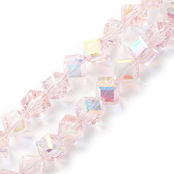 Pink Plaquent verre transparent perles brins, de couleur plaquée ab , facette, cube, rose, 9x9.5x9.5mm, Trou: 1.4mm, Environ 72 pcs/chapelet, 23.86'' (60.6 cm)
