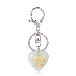 Opalite Coeur d'opalite avec porte-clés symbole kore, Porte-clés en pierre d'énergie reiki, pour sac, bijoux, décoration cadeau, 9.5x3 cm