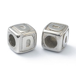 Letter D 304 Stainless Steel European Beads, Large Hole Beads, Horizontal Hole, Cube with Letter, Stainless Steel Color, Letter.D, 8x8x8mm, Hole: 4mm