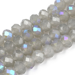 Gray Electroplate Glass Beads Strands, Imitation Jade Beads, Half Plated, Rainbow Plated, Faceted, Rondelle, Gray, 8x6mm, Hole: 1mm, about 65~68pcs/strand, 15.7~16.1 inch(40~41cm)