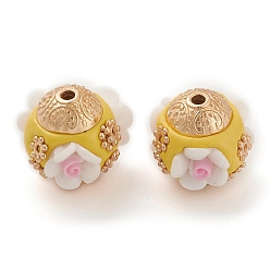 White Handmade Indonesia Beads, with Alloy Findings and Resin, Rondelle with Flower, White, 16x16.5x16mm, Hole: 1.8mm