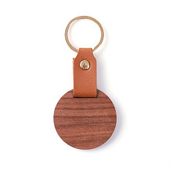 Ronde Porte-clés pendentif en bois et simili cuir, avec des anneaux de fer, ronde, 11 cm