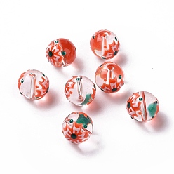 Flor Perlas de vidrio transparentes, con esmalte, rondo, rojo, patrón de flores, 11.5~12x11 mm, agujero: 1.5~1.6 mm