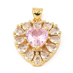 Pink Real 18K Gold Rack Plating Brass Micro Pave Cubic Zirconia Pendants, Long-Lasting Plated, Cadmium Free & Lead Free, Heart Charms, Pink, 19.5x17x5.5mm, Hole: 3x3.8mm