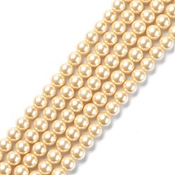 Amarillo Claro Hebras redondas de perlas de vidrio teñido ecológico, Grado A, cordón de algodón rosca, amarillo claro, 8 mm, agujero: 0.7~1.1 mm, sobre 52 unidades / cadena, 15 pulgada