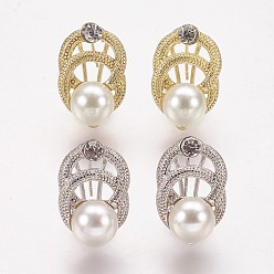 Mixed Color Alloy Rhinestone Stud Earring Findings, with Loop and Acrylic Pearls, Ring, Mixed Color, 24x15mm, Hole: 1mm, Pin: 0.7mm