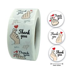 Colorful 3 Styles Thank You Stickers Roll, Finger Heart Pattern Self-Adhesive Kraft Paper Gift Tag Stickers, Adhesive Labels, Flat Round, Colorful, 25mm, about 500pcs/roll