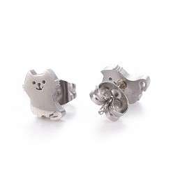 Stainless Steel Color 304 Stainless Steel Kitten Stud Earrings, Hypoallergenic Earrings, with Ear Nuts/Earring Back, Cat Silhouette, Stainless Steel Color, 8x6mm, Pin: 0.8mm, 12pairs/card