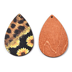 Leopard Gros pendentifs en bois imprimé tournesol simple face, charme de larme, Sandy Brown, motif imprimé léopard, 60x40x3mm, Trou: 2mm