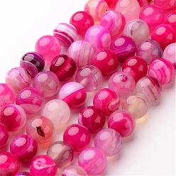 Deep Pink Natural Striped Agate/Banded Agate Beads Strands, Round, Dyed & Heated, Deep Pink, 8mm, Hole: 1mm, about 48pcs/strand, 14.1 inch