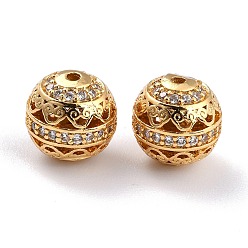 Golden Brass Micro Pave Clear Cubic Zirconia Beads, Long-Lasting Plated, Hollow Round, Golden, 9mm, Hole: 1.2mm