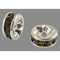Smoked Topaz Brass Grade A Rhinestone Spacer Beads, Silver Color Plated, Nickel Free, Smoked Topaz, 6x3mm, Hole: 1mm