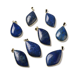 Lapis Lazuli Pendentifs teints en lapis-lazuli naturel, charmes de feuilles, avec placage à crémaillère apprêts en laiton doré, sans cadmium et sans plomb, 35.5~46.5x22~27x6.5~8.5mm, Trou: 5.4x4mm