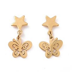 Golden 304 Stainless Steel Butterfly with Star Dangle Stud Earrings for Women, Golden, 22.5mm, Pin: 0.8mm