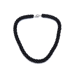 Black Glass Braided Beaded Necklace with Alloy Magnetic Clasps for Women, Black, 16.54 inch(42cm)