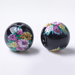 Black Printed & Spray Painted Glass Beads, Round with Flower Pattern, Black, 8~8.5x7.5mm, Hole: 1.4mm