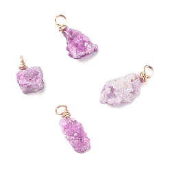 Violet Natural Crystal Agate Pendants, with Golden Tone Copper Findings, Druzy, Dyed, Nuggets, Violet, 13~32x7~17x6~13mm, Hole: 3mm