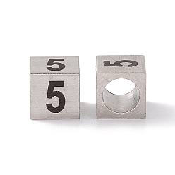Number 303 de acero inoxidable de cuentas europeo, abalorios de grande agujero, cubo con número, color acero inoxidable, num. 5, 7x7x7 mm, agujero: 5 mm
