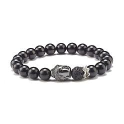Tourmaline Natural Tourmaline & Lava Rock Round Beads Energy Power Stretch Bracelet for Men Women, Buddha Head Brass Beads Bracelet, Gunmetal, Inner Diameter: 2-1/8 inch(5.5cm)