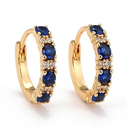 Blue Real 18K Gold Plated Brass Cubic Zirconia Huggie Hoop Earrings, Hinged Hoop Earrings for Women, Lead Free & Cadmium Free & Nickel Free, Blue, 9 Gauge, 14x3mm, Pin: 1mm