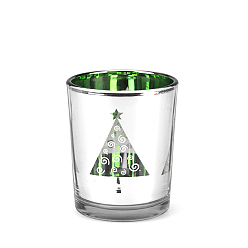 Green Christmas Theme Glass Candle Holder, Column Candlestick Stand, Table Centerpiece, Christmas Tree Pattern, Green, 5.5x6.7cm