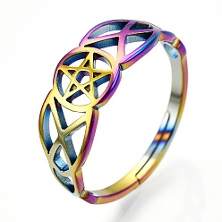 Rainbow Color Ion Plating(IP) 304 Stainless Steel Hollow Out Pentagram Adjustable Ring for Women, Rainbow Color, US Size 6 1/2(16.9mm)