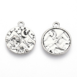 Antique Silver Tibetan Style Alloy Pendants, Cadmium Free & Lead Free, Flat Round with Mountain, Antique Silver, 24.5x20.5x2mm, Hole: 2.2mm