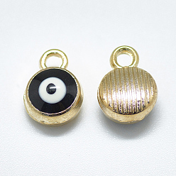 Black Light Gold Plated Alloy Charms, with Enamel, Flat Round with Evil Eye, Black, 10x7x4.5mm, Hole: 1.5mm