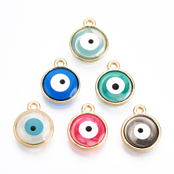 Mixed Color Epoxy Resin Enamel Evil Eye Charms, with Rack Plating Light Gold Tone Alloy Open Back Bezel, Cadmium Free & Nickel Free & Lead Free, Mixed Color, 12.5x10x1.5~2.5mm, Hole: 1.2mm