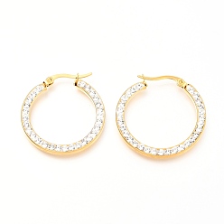 Oro Pendientes de aro de acero inoxidable, con diamantes de imitación de arcilla polimérica, forma de anillo plano, dorado, 304 mm, pin: 30x28x2.6 mm