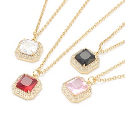Mixed Color Brass Micro Pave Cubic Zirconia Pendant Necklaces, with Rhinestone and 304 Stainless Steel Cable Chains, Square Octagon, Golden, Mixed Color, 17.72 inch(45cm)