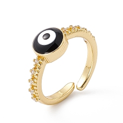 Black Evil Eye Enamel & Clear Cubic Zirconia Open Cuff Ring, Real 18K Gold Plated Brass Lucky Jewelry for Women, Lead Free & Cadmium Free, Black, US Size 5(15.7mm)
