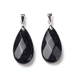 Blue Goldstone Synthetic Blue Goldstone Pendants, with Brass Platinum Tone Findings, Faceted, Teardrop Charm, 29~30.5x13x6~7mm, Hole: 4x3.5mm