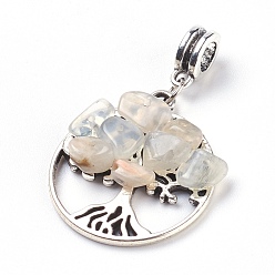 White Moonstone Natural White Moonstone European Dangle Charms, with Tibetan Style Alloy Pendants and Hangers, Iron Jump Rings, Flat Round with Tree, 41mm, Hole: 5mm