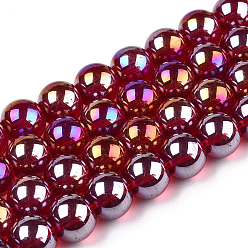 Fuego Ladrillo Electroplate transparentes cuentas de vidrio hebras, color de ab chapado, rondo, ladrillo refractario, 9.5~10 mm, agujero: 1.5 mm, sobre 40~42 unidades / cadena, 14.76~15.12 pulgada (37.5~38.4 cm)