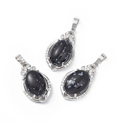 Snowflake Obsidian Natural Snowflake Obsidian Pendants, Teardrop Charms, with Platinum Tone Brass Crystal Rhinestone Findings, 30.5x18x9.5mm, Hole: 4.8x7.5mm
