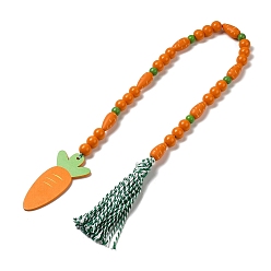 Orange Foncé Ornement suspendu guirlande de perles en bois, avec carotte en bois et pompons pour les décorations de Pâques, orange foncé, 800mm