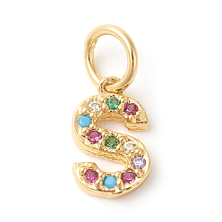 Letter S Brass Micro Pave Colorful Cubic Zirconia Charms, Golden, Letter.S, 9x5.5x2mm, Hole: 3mm