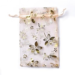 PeachPuff Organza Drawstring Jewelry Pouches, Wedding Party Gift Bags, Rectangle with Gold Stamping Flower Pattern, PeachPuff, 15x10x0.11cm