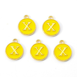 Letter X Golden Plated Alloy Enamel Charms, Enamelled Sequins, Flat Round with Letter, Gold, Letter.X, 14x12x2mm, Hole: 1.5mm