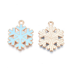 Sky Blue Christmas Style Alloy Enamel Pendants, Cadmium Free & Lead Free, Light Gold, Snowflake, Sky Blue, 21.5x16.5x1.5mm, Hole: 1.5mm