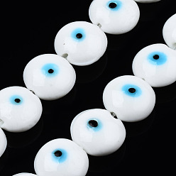 White Handmade Evil Eye Lampwork Beads Strands, Flat Round, White, 14~16x16~17x8.5~9mm, Hole: 1mm, about 25pcs/strand, 14.96 inch(38cm)