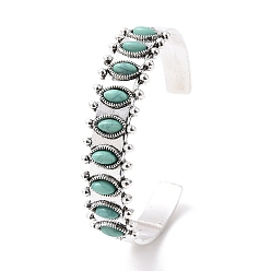 Platinum Synthetic Turquoise Horse Eye Beaded Open Cuff Bangle, Retro Alloy Jewelry for Women, Platinum, Inner Diameter: 2-1/2 inch(6.35cm)