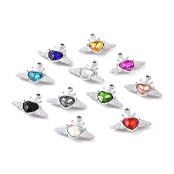 Mixed Color Alloy Rhinestone Pendants, Platinum Tone Wing & Heart Charms, Mixed Color, 22x27.5x6mm, Hole: 2mm