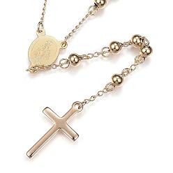 Golden 304 Stainless Steel Rosary Bead Necklaces, with Cross Pendant and Lobster Claw Clasps, Golden, 25.6 inch(65cm)