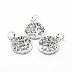 Platinum Brass Micro Pave Cubic Zirconia Charms, Flat Round with Tree of Life, Platinum, 15x12.5x2mm, Hole: 3mm