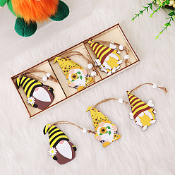 Jaune Décorations de pendentif en bois de gnome, avec des perles en bois  , ornements muraux de porte du festival des abeilles, jaune, 238x83.9x14mm, 3 pcs / boîte